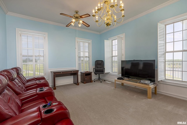 living room featuring carpet floors, crown molding, baseboards, and a ceiling fan