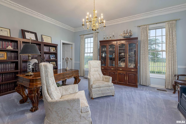 sitting room featuring carpet, a healthy amount of sunlight, and crown molding