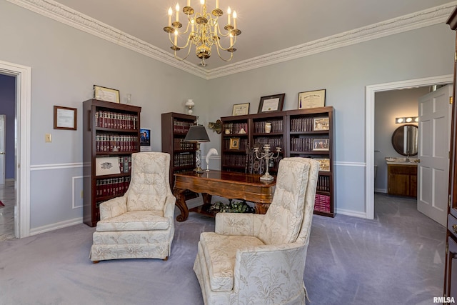 office featuring baseboards, carpet floors, and crown molding