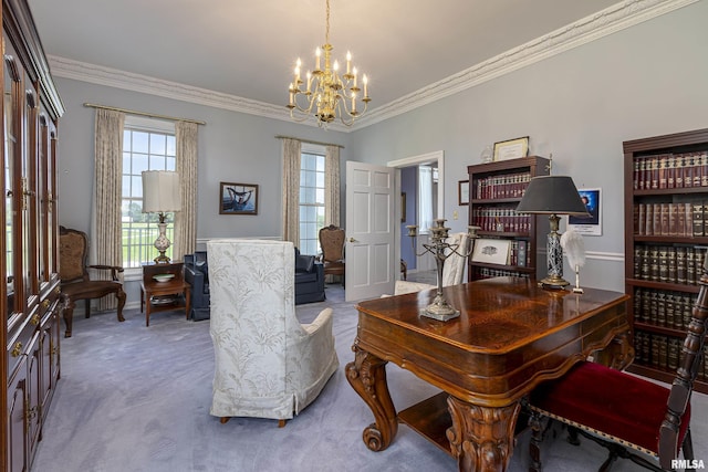 carpeted office space featuring a notable chandelier, crown molding, and a healthy amount of sunlight