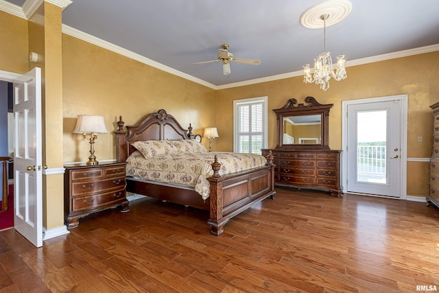 bedroom featuring ceiling fan with notable chandelier, wood finished floors, baseboards, access to exterior, and ornamental molding