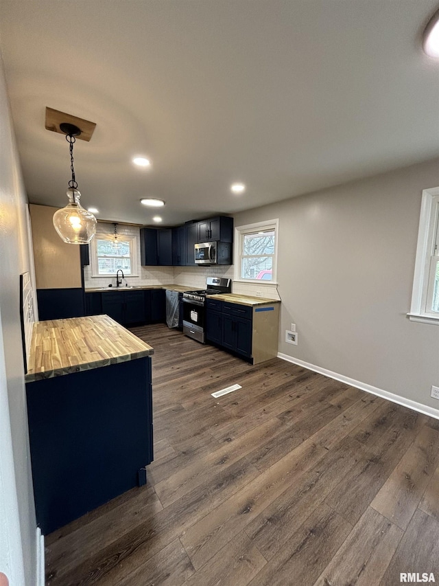 kitchen featuring stainless steel appliances, plenty of natural light, dark wood finished floors, and a sink