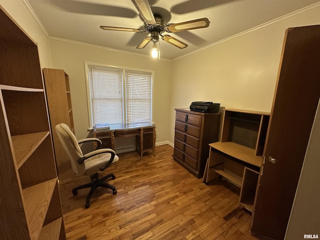 office featuring ornamental molding, ceiling fan, baseboard heating, and wood finished floors