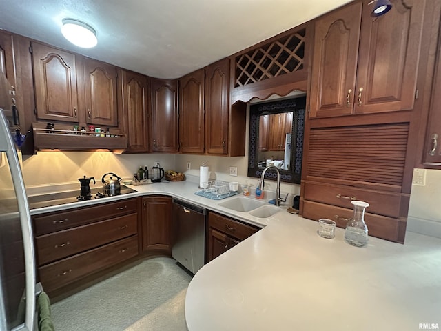 kitchen with black electric stovetop, light countertops, a sink, dishwasher, and exhaust hood