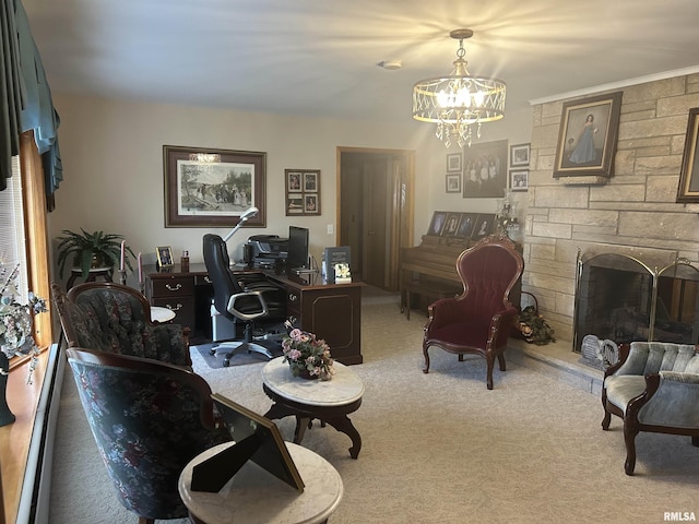 carpeted home office with a chandelier and a stone fireplace