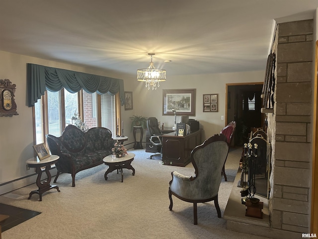 carpeted living room featuring a chandelier and a baseboard radiator