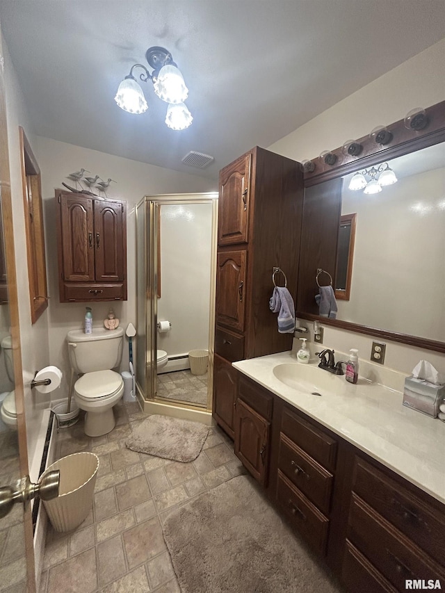 full bath featuring visible vents, a shower stall, toilet, and vanity