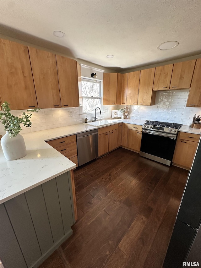 kitchen featuring dark wood finished floors, decorative backsplash, light stone countertops, stainless steel appliances, and a sink