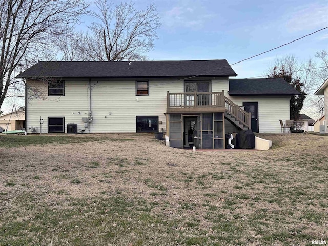 back of house with a deck, a yard, stairway, and central AC unit