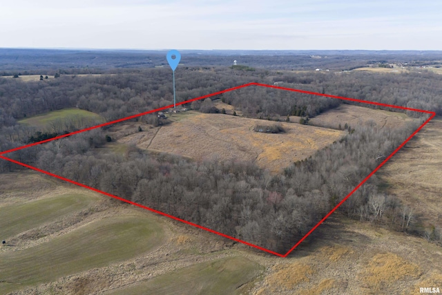 drone / aerial view with a forest view and a rural view