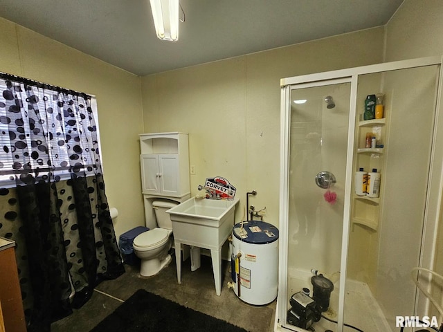 bathroom with toilet, a shower stall, and electric water heater