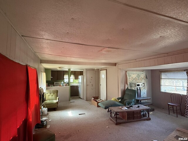 sitting room featuring a textured ceiling and light colored carpet