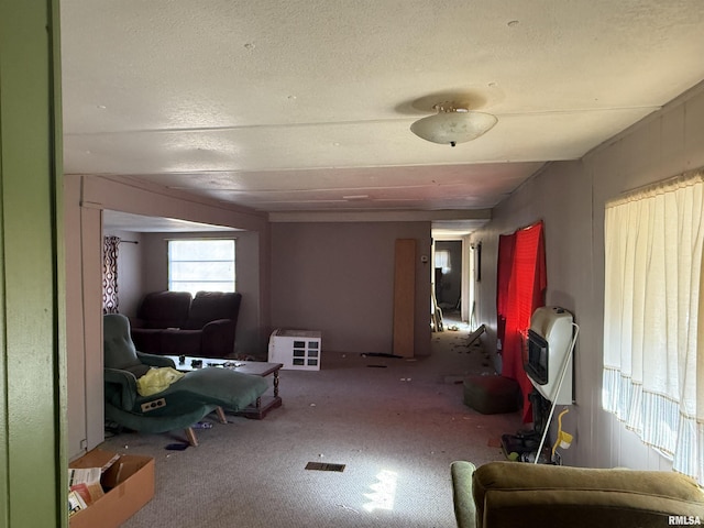 hallway with heating unit, a textured ceiling, and carpet floors