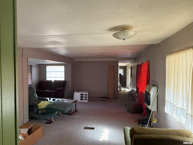 misc room with heating unit, a textured ceiling, and carpet