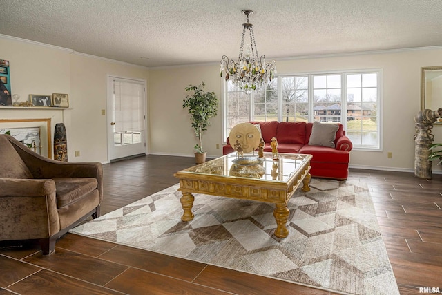 living room featuring a textured ceiling, crown molding, and wood tiled floor