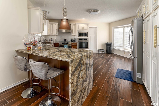 kitchen featuring premium range hood, dark stone counters, dark wood-style flooring, a sink, and appliances with stainless steel finishes