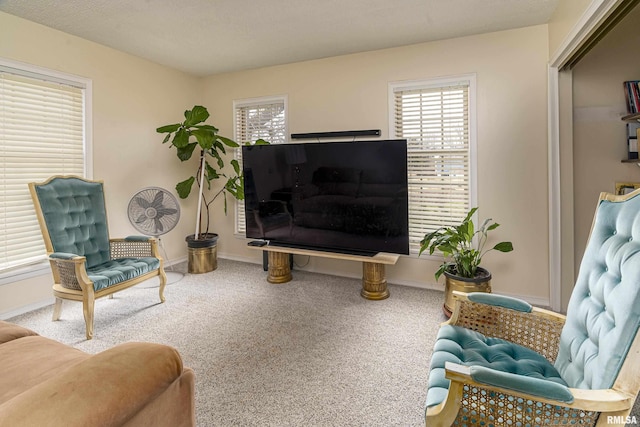 living area featuring baseboards and carpet flooring