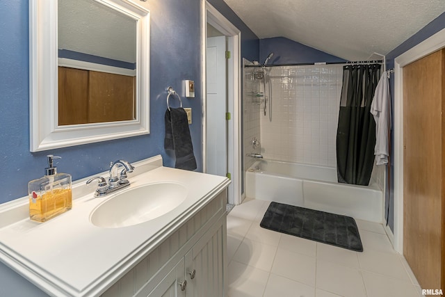 full bath featuring tile patterned floors, shower / bathtub combination with curtain, a textured ceiling, lofted ceiling, and vanity