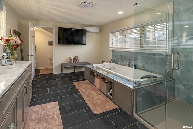 full bathroom with a wall mounted air conditioner, visible vents, a garden tub, a shower stall, and vanity