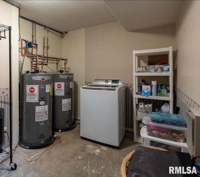 laundry room featuring washer / clothes dryer, electric water heater, laundry area, and a textured ceiling