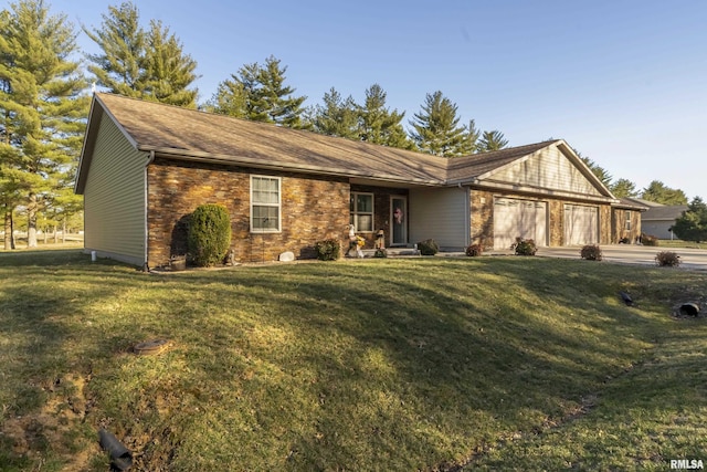 ranch-style home with an attached garage, concrete driveway, and a front yard