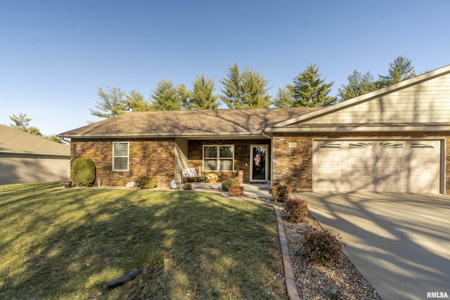 view of front of property featuring concrete driveway, a garage, a front lawn, and stone siding