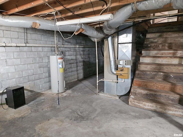 unfinished basement with heating unit and water heater