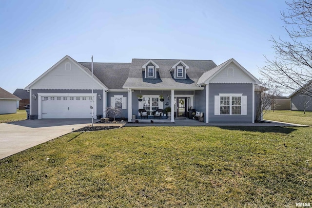 view of front of house with a garage, covered porch, concrete driveway, and a front yard