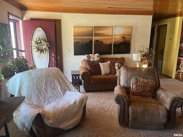 carpeted living area featuring wood ceiling