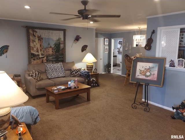 carpeted living area with crown molding, recessed lighting, ceiling fan with notable chandelier, and baseboards