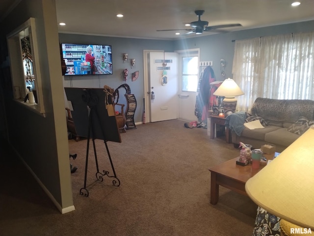 carpeted living room featuring recessed lighting, crown molding, and a ceiling fan