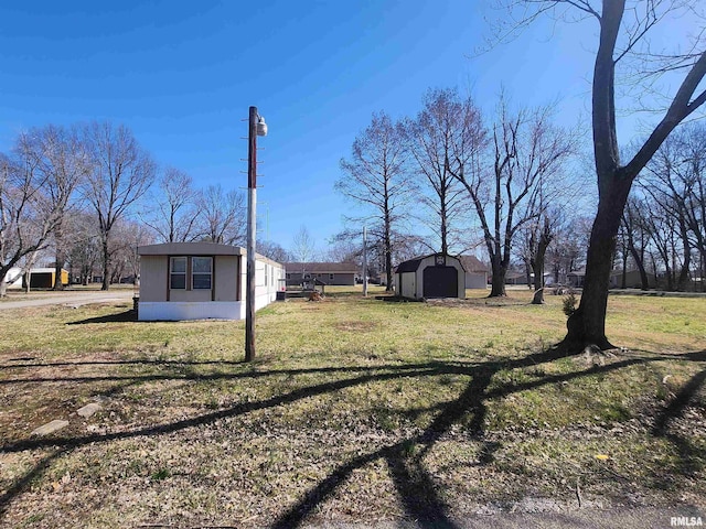 view of yard featuring a storage unit, a detached garage, an outbuilding, and driveway