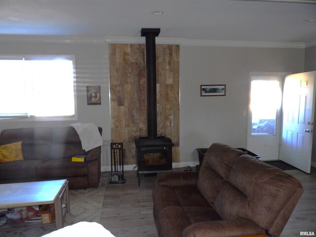 living room with crown molding and a wood stove