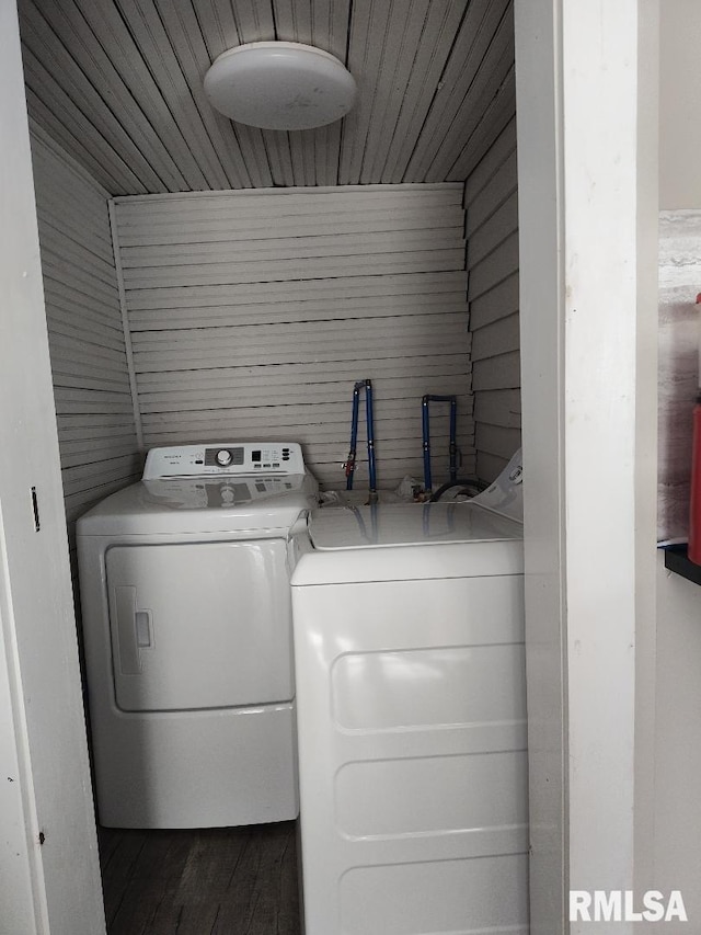 407 N Ohio St, Mound City, IL 62963 - clothes washing area with dark wood-type flooring, wood ceiling, washing machine and dryer, and laundry area
