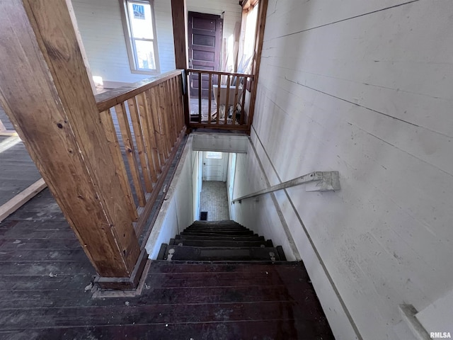 staircase with wood walls and hardwood / wood-style floors