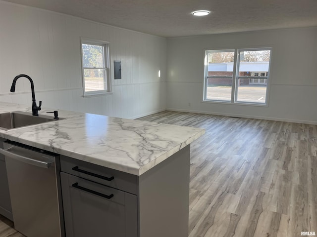 kitchen with a sink, light wood-style floors, dishwasher, and a wealth of natural light