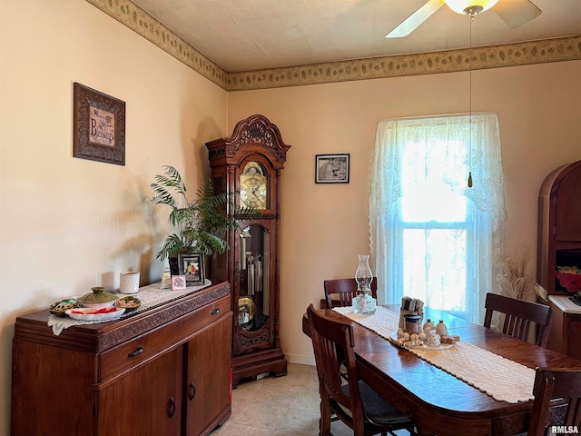 dining space with plenty of natural light and ceiling fan