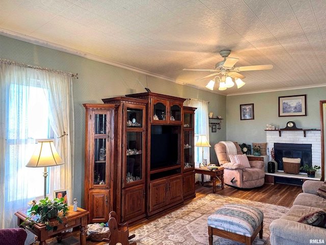 living room with ceiling fan, light wood-style flooring, a fireplace, and ornamental molding