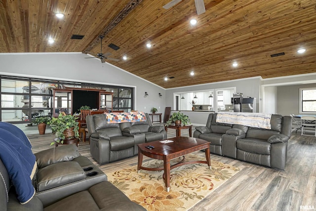 living area with a ceiling fan, visible vents, ornamental molding, wood ceiling, and light wood-type flooring