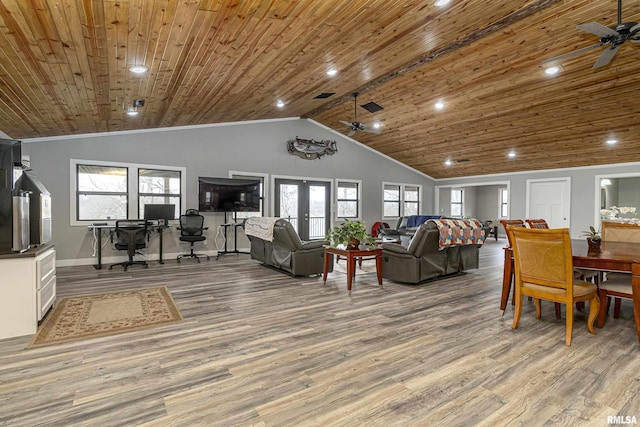 living room with light wood-type flooring, french doors, wooden ceiling, lofted ceiling, and ceiling fan