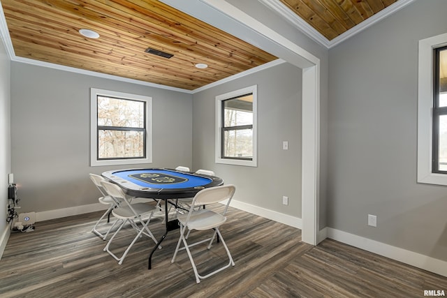 game room with wooden ceiling, baseboards, dark wood-style flooring, and ornamental molding