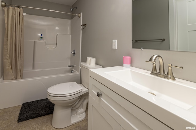 full bath featuring vanity, toilet, and shower / bath combo with shower curtain