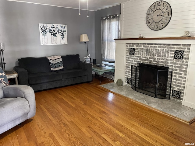 living room featuring wood finished floors and a fireplace