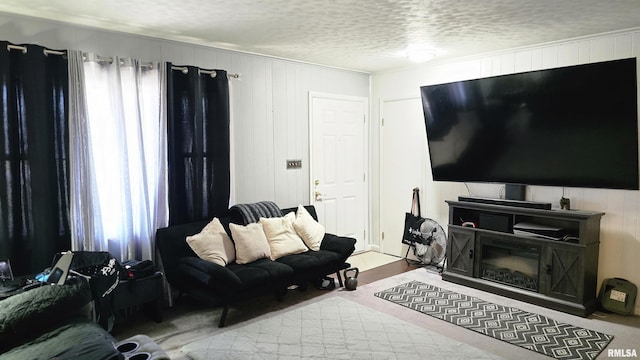 living area with a glass covered fireplace and a textured ceiling