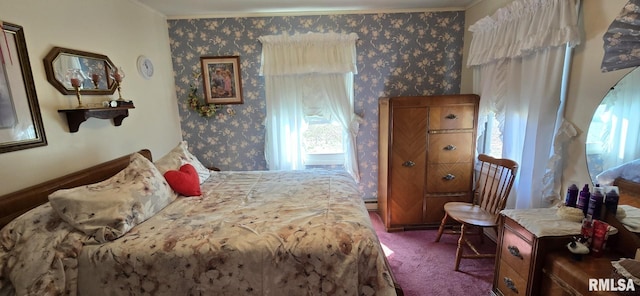 carpeted bedroom featuring wallpapered walls