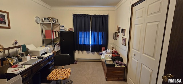 carpeted office with baseboard heating and ornamental molding