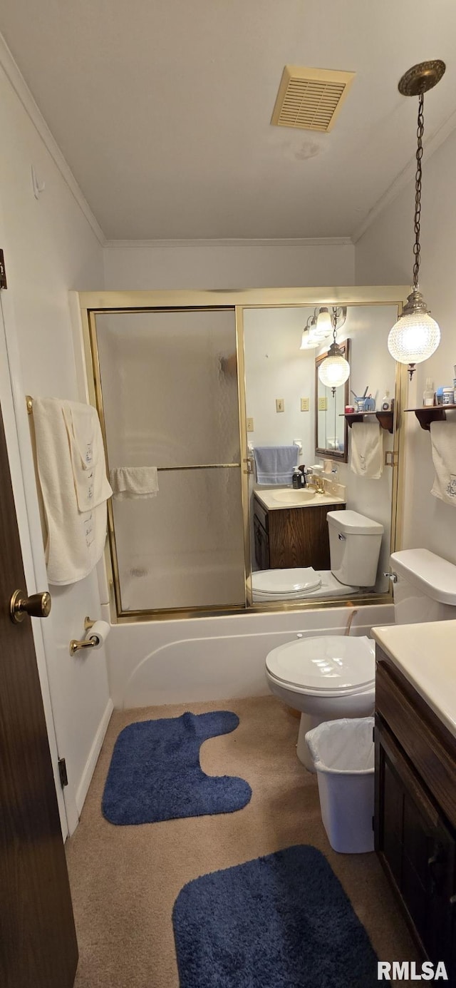 full bath with visible vents, toilet, vanity, and crown molding