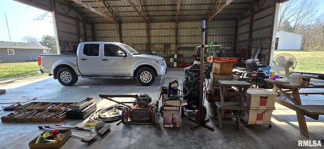 garage with metal wall