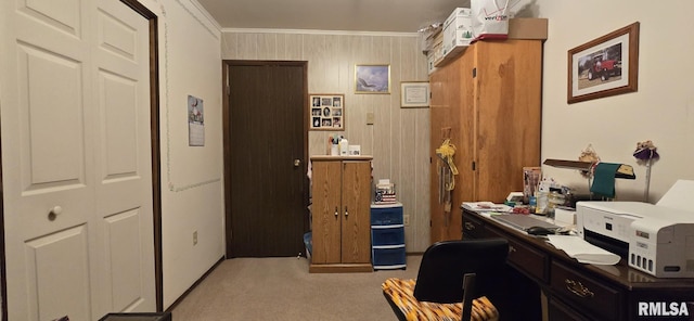 home office featuring light colored carpet and ornamental molding