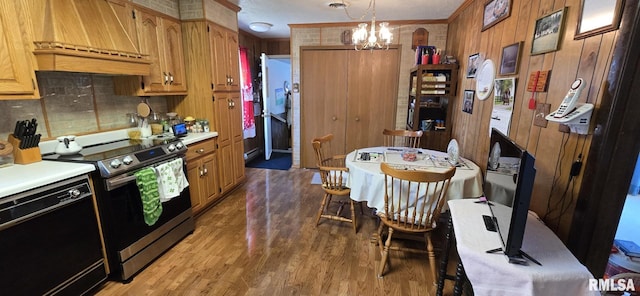 kitchen with stainless steel range with electric cooktop, light countertops, dishwasher, and custom range hood